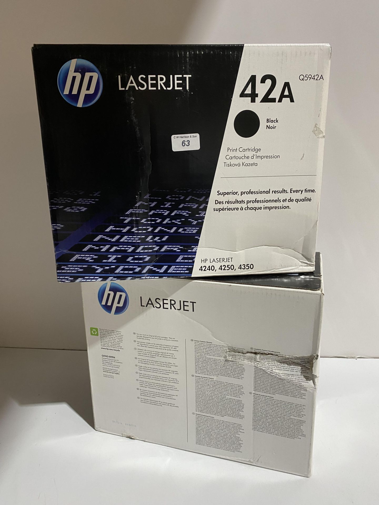 2 sealed genuine HP LaserJet 42A black toner QCC532AC (box damaged)