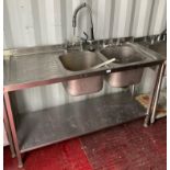 Stainless steel double sink unit with left-hand drainer and mixer top with under-shelf,