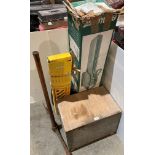 Wooden lift-top box with assorted hand tools and a Qualcast Turbo Vac 1100,