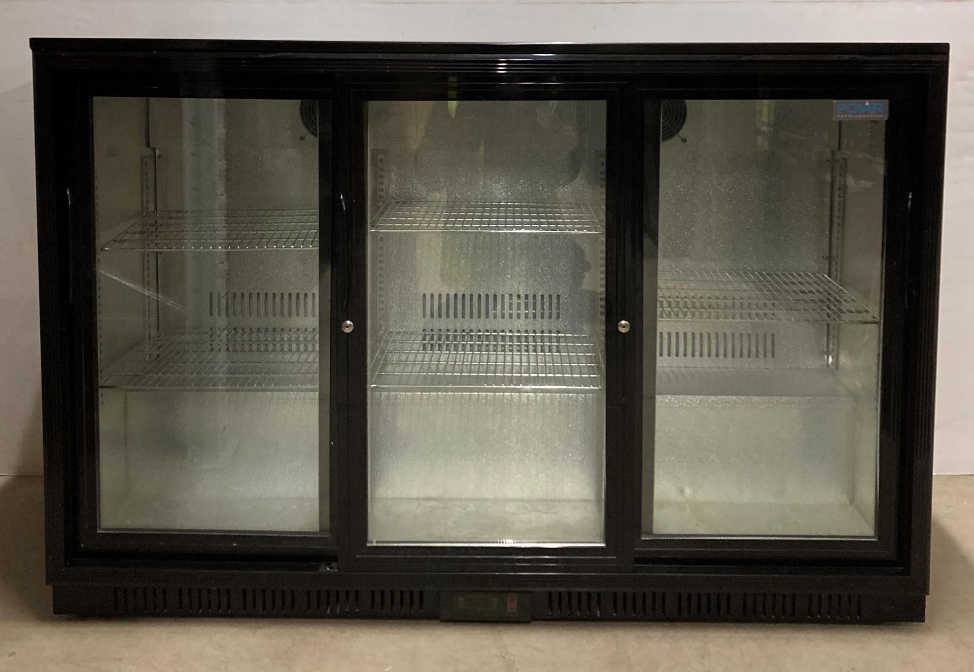 Polar G-Series model: GL004 3-door pull-open glass-fronted under-counter bottle fridge (black),