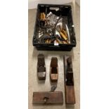 Contents to crate - assorted wood working tools including box planes, bit and brace, chisels,