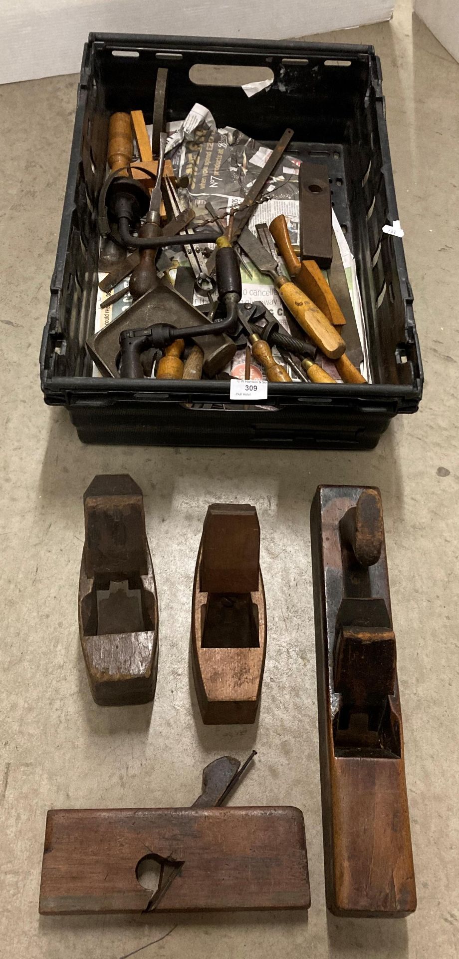 Contents to crate - assorted wood working tools including box planes, bit and brace, chisels,