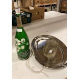Three items - a wire work wine bottle holder,