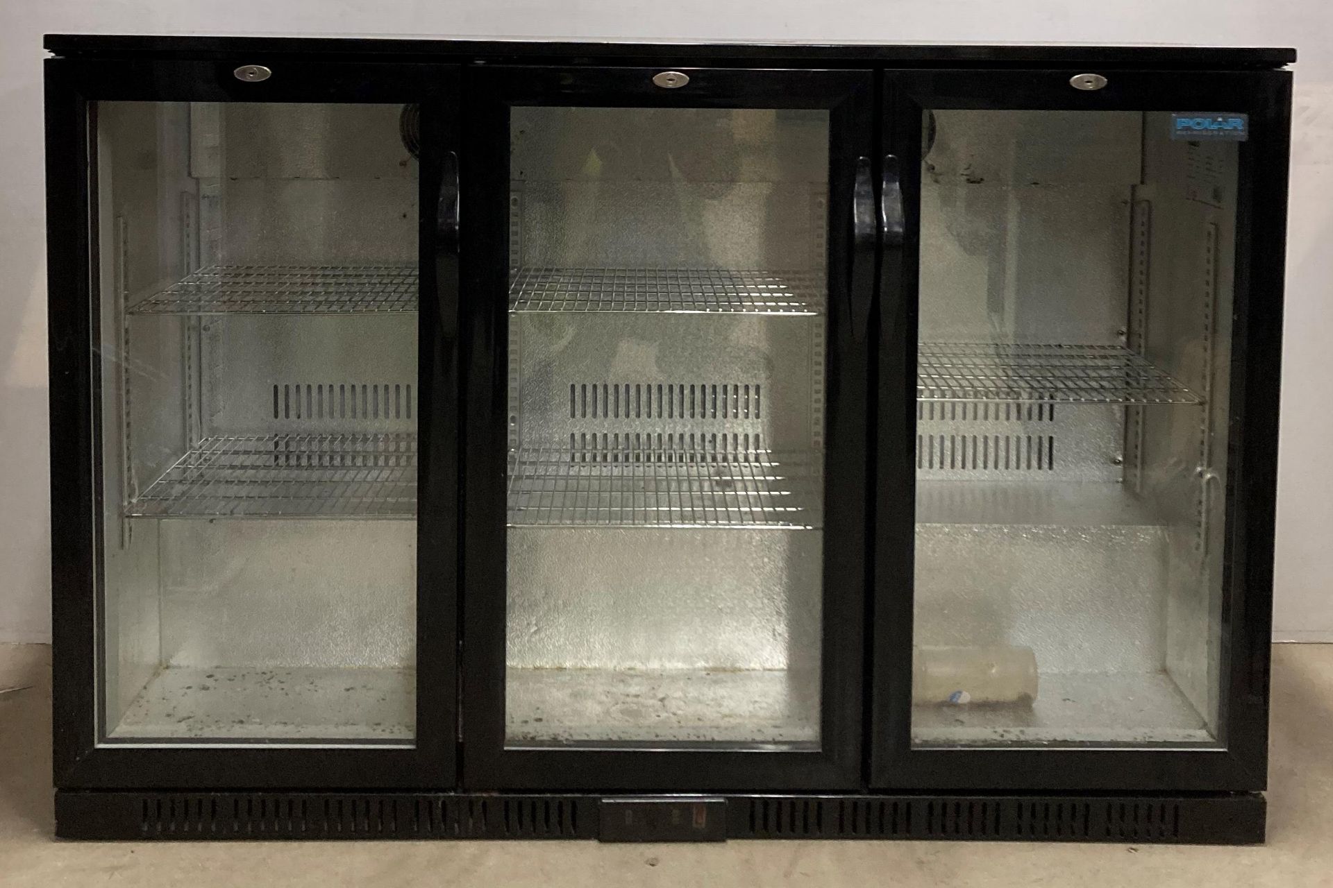 Polar G-Series model: GL004 3-door pull-open glass-fronted under-counter bottle fridge (black),