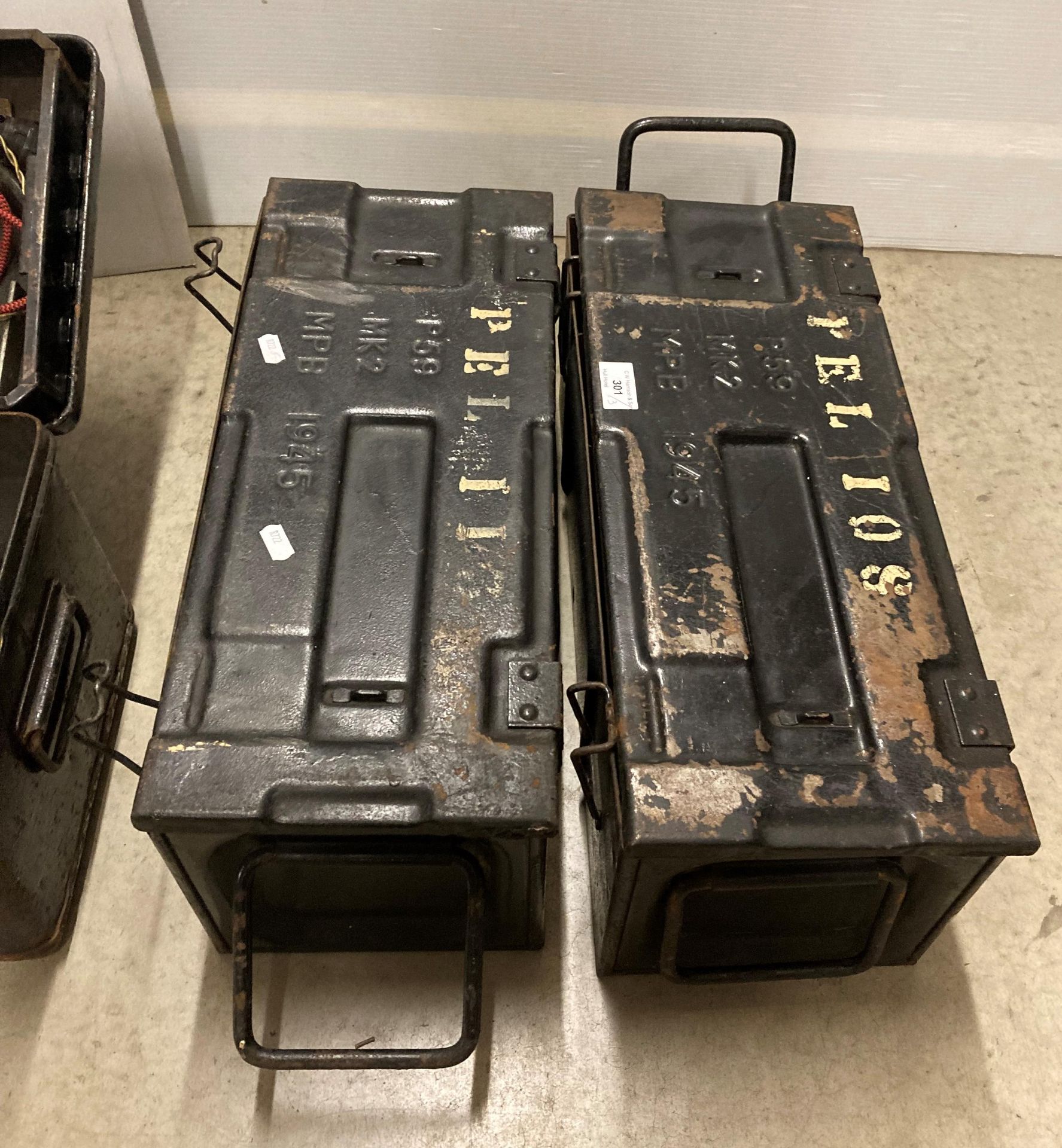 Pair of black metal 1945 military ammunition cases P59 MK2 MPB and a black metal military - Image 2 of 3