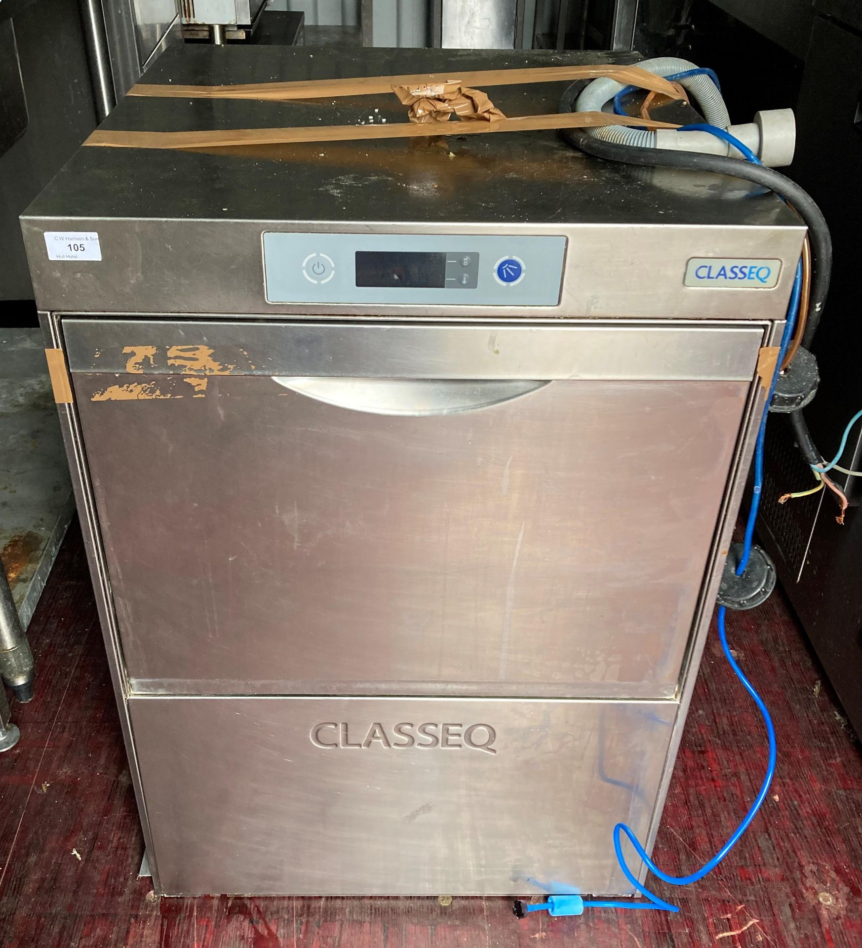 Classeq stainless steel drop-front electric glass washer and 4 x trays,