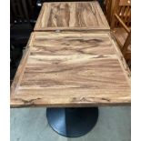 2 x Square wooden topped dining tables on single column circular based support,