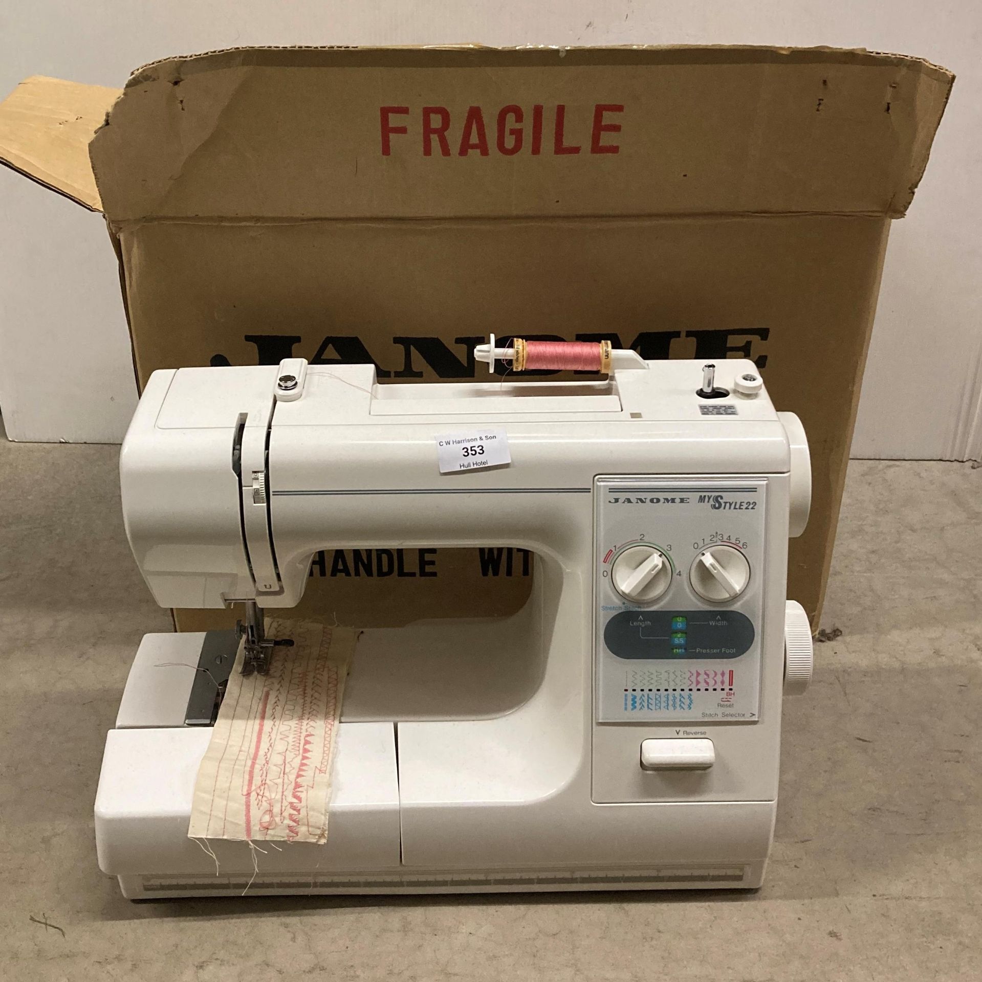 Janome My Style 22 electric foot-operated sewing machine with box and assorted sewing magazines