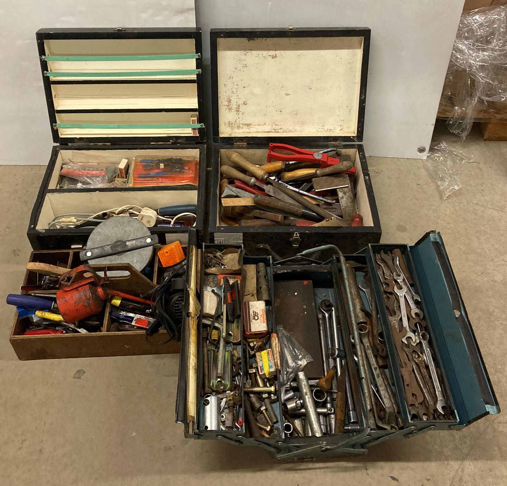 3 x assorted tool boxes and hand tools including spanners, screwdrivers, chisels, hammers,