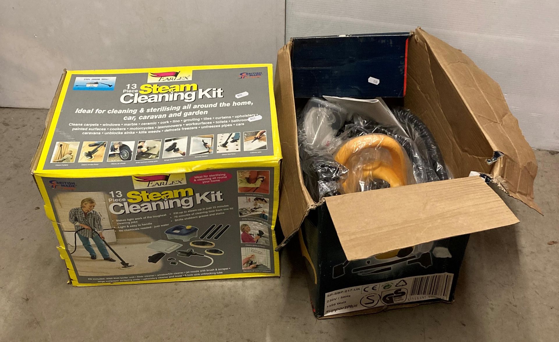 Earlex steam cleaning kit in box and a Steam Boy steam cleaner (saleroom location: U08 floor)