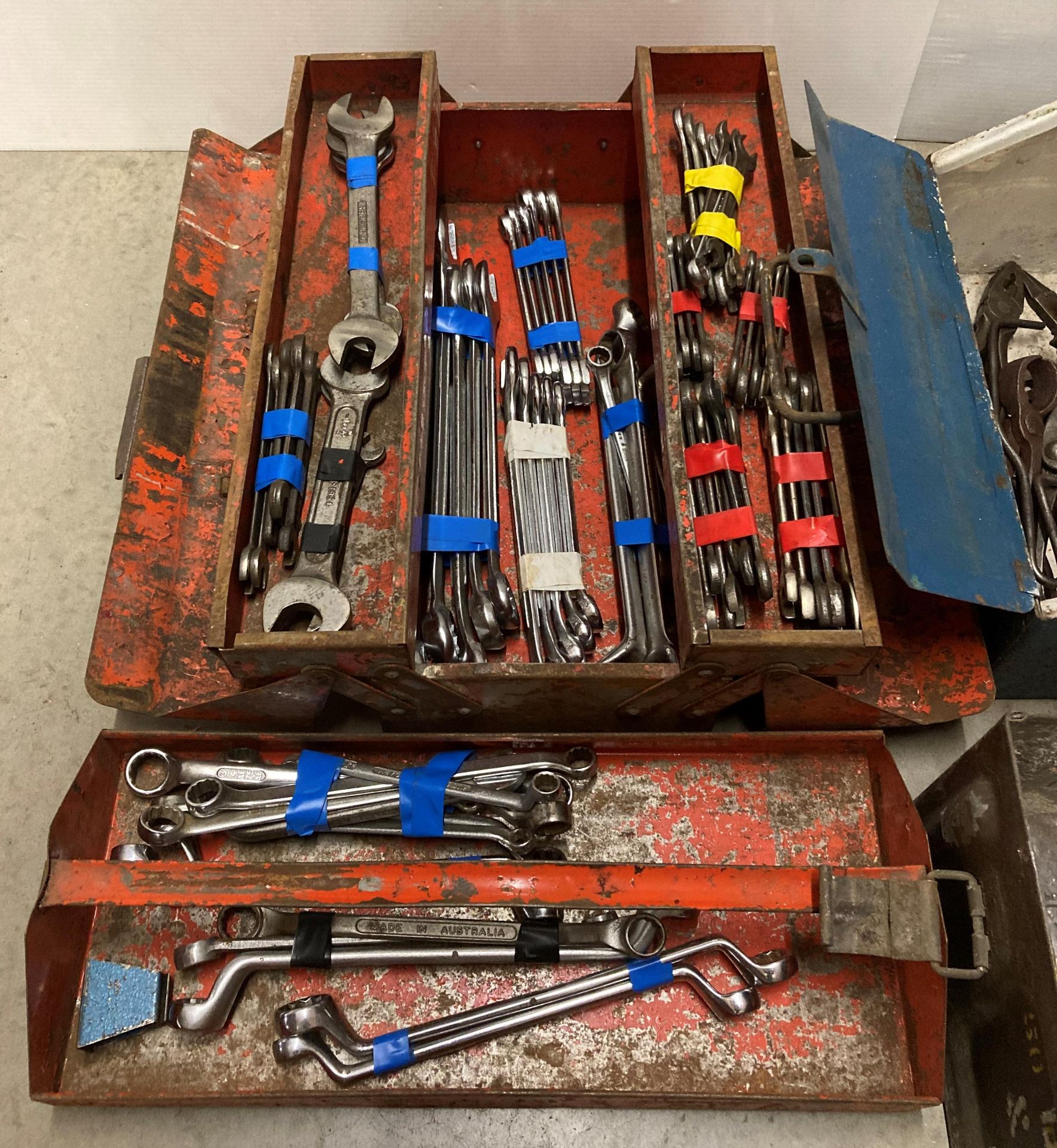 Vintage ammunition case and 2 x assorted metal boxes and contents - hand tools, spanners, wrenches, - Image 2 of 3