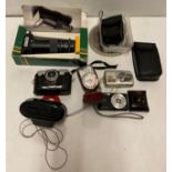 Contents to box - assorted cameras and lenses including Makinon 200m slide duplicator,