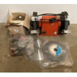 Ajax crusader double-headed grinder (240v) and a box of assorted grinding, polishing, sanding,