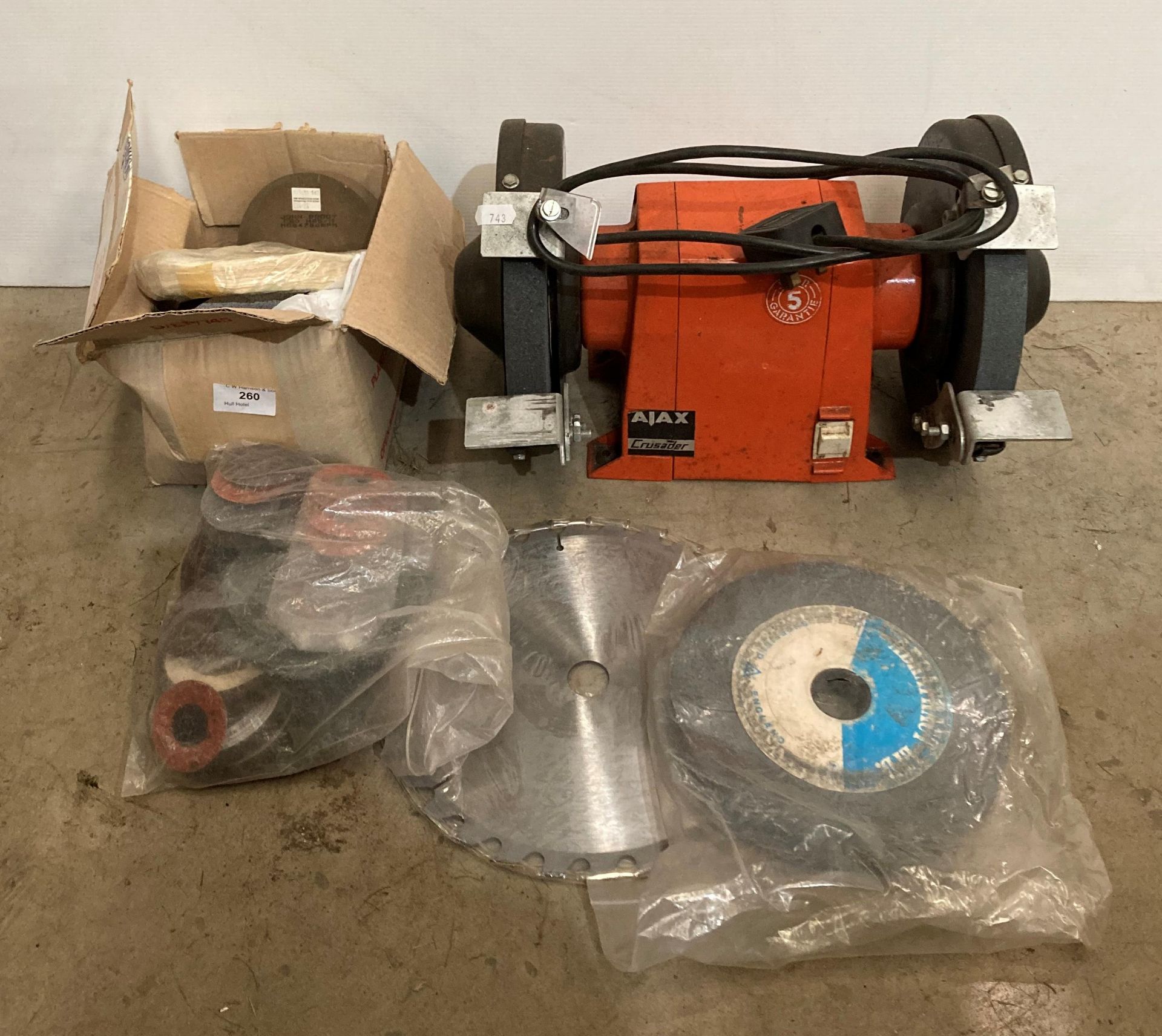 Ajax crusader double-headed grinder (240v) and a box of assorted grinding, polishing, sanding,