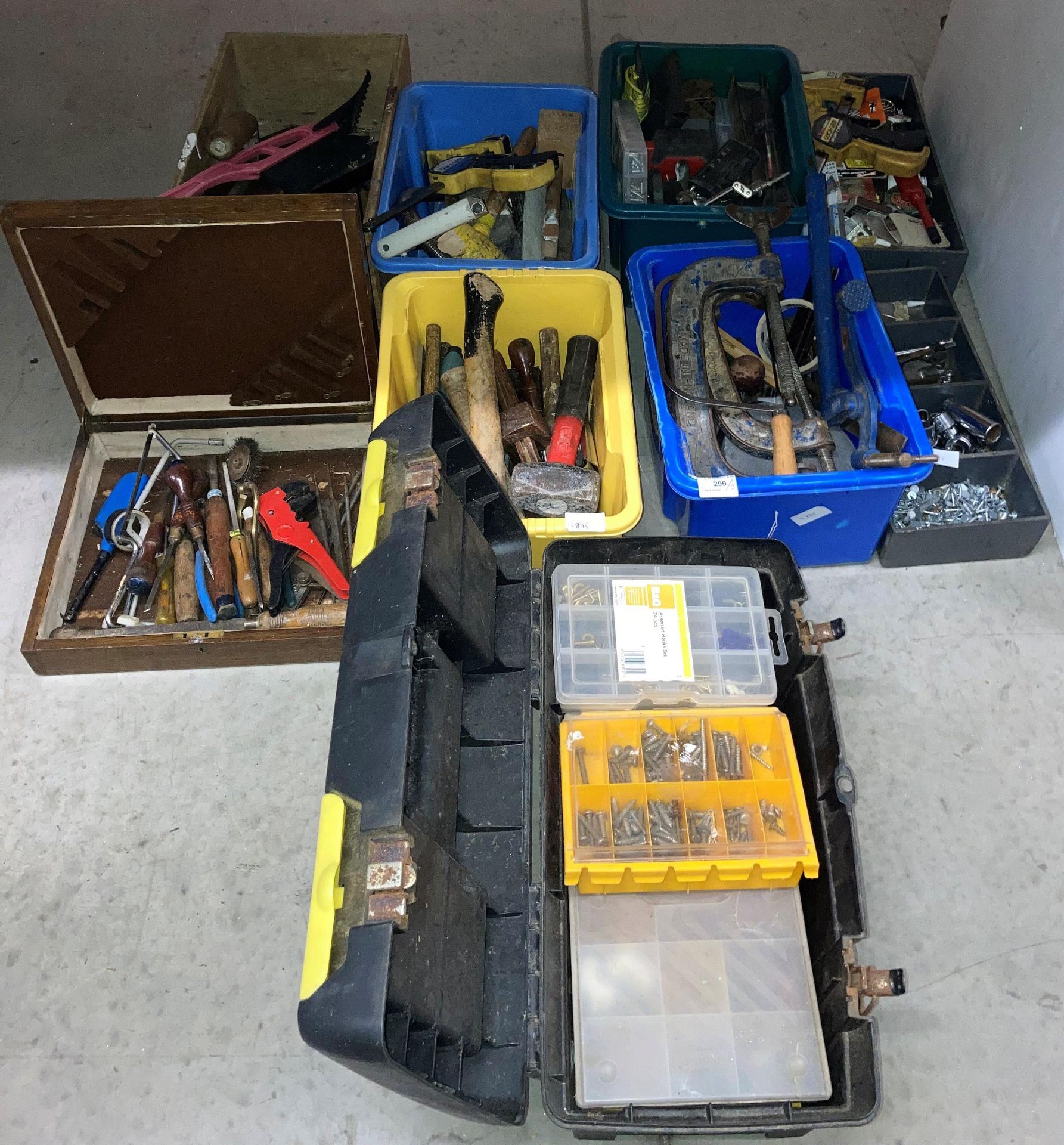 Contents to 8 x boxes and tool box - assorted hand tools, G-clamps, lump hammers, sockets, screws,