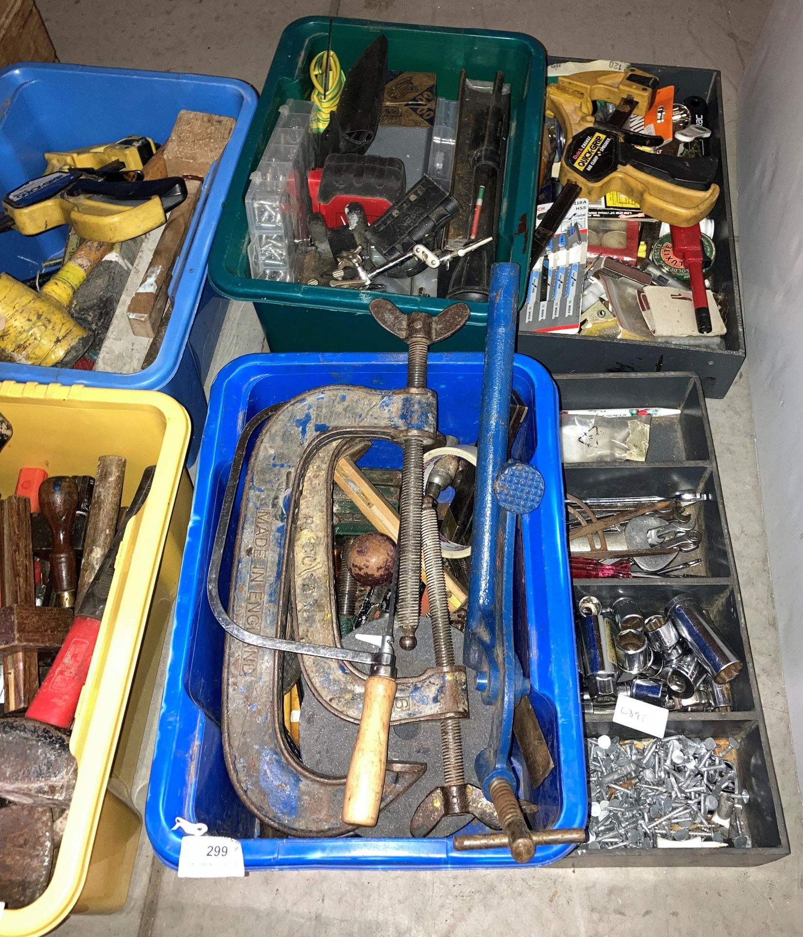 Contents to 8 x boxes and tool box - assorted hand tools, G-clamps, lump hammers, sockets, screws, - Image 2 of 3