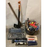 Contents to tub - assorted hand tools including trowels, chisels, hammers, mitre block,