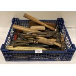 Contents to crate - assorted hand tools including hammers, stone chisels, trowels, snips,