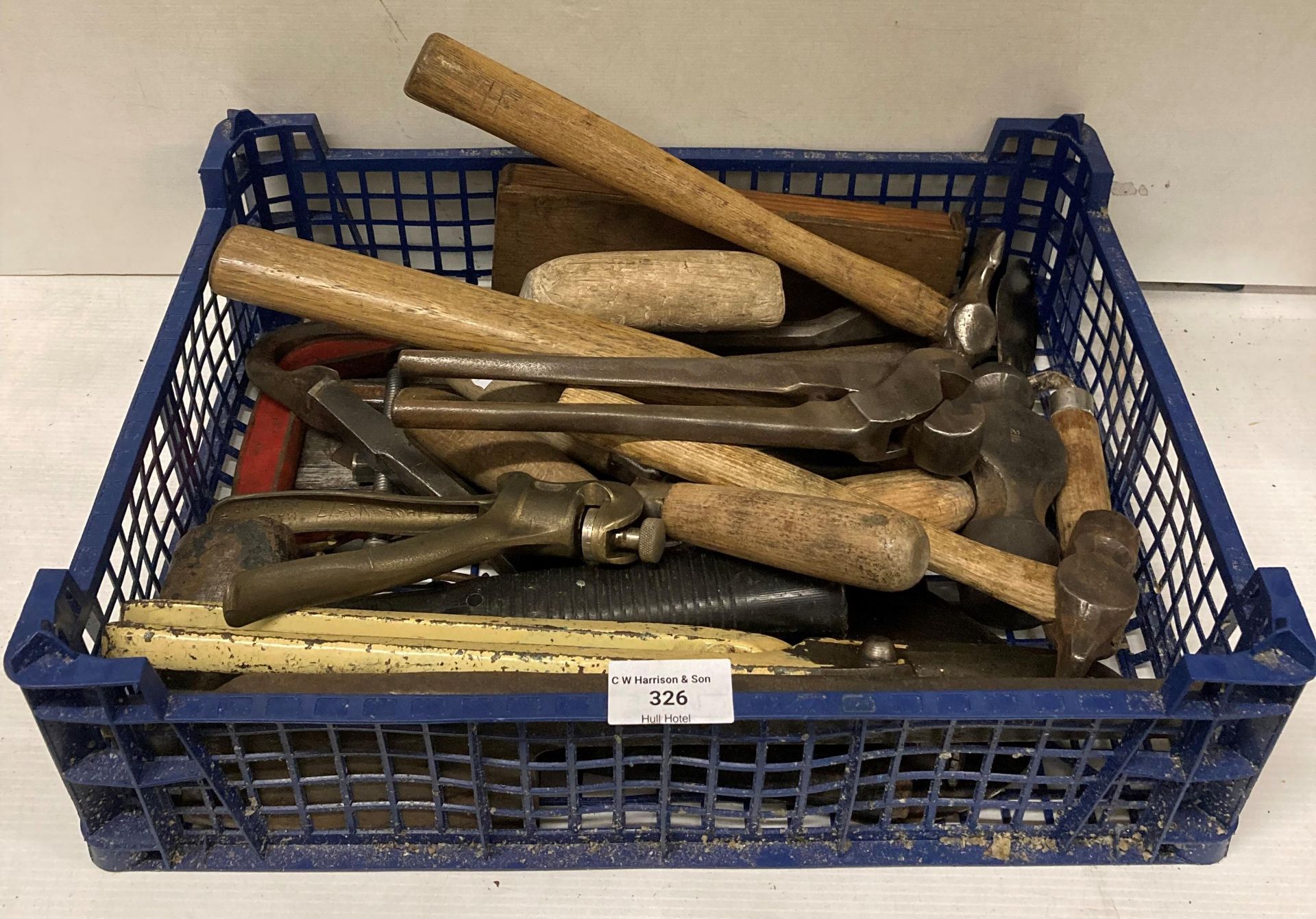 Contents to crate - assorted hand tools including hammers, stone chisels, trowels, snips,