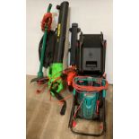 Four assorted electrical garden tools including - Bosch Rotak 540ER lawn mower with back box,