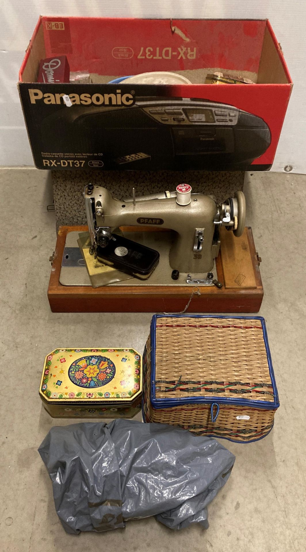 Pfaff 30 electric sewing machine in carry case and a box of assorted sewing accessories - no test,