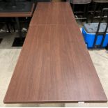 2 x Rectangular wooden topped dining tables on single square foot supports,