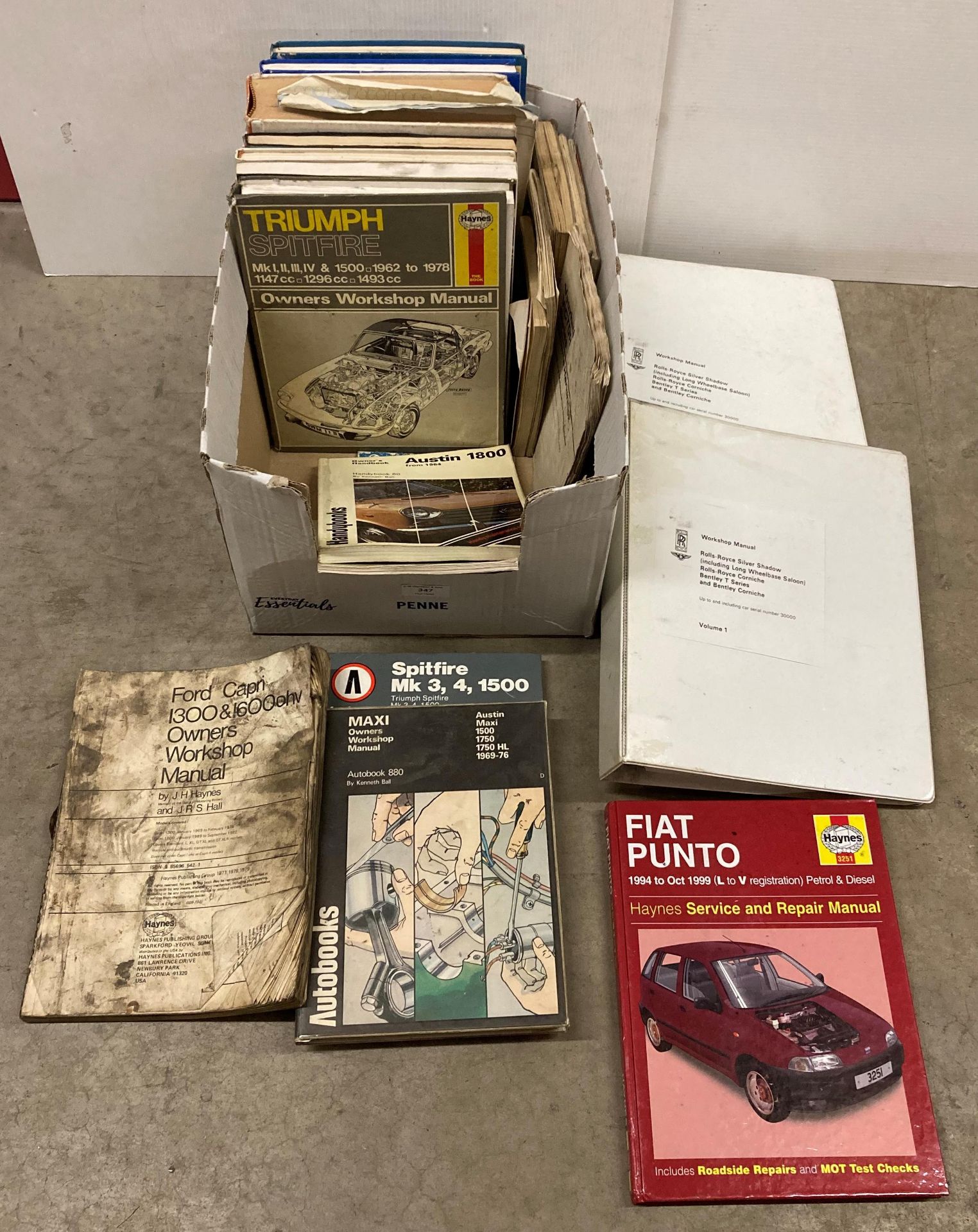 Contents to box - assorted car manuals and folders including Volume 1 & 2 Workshop Manual for Rolls