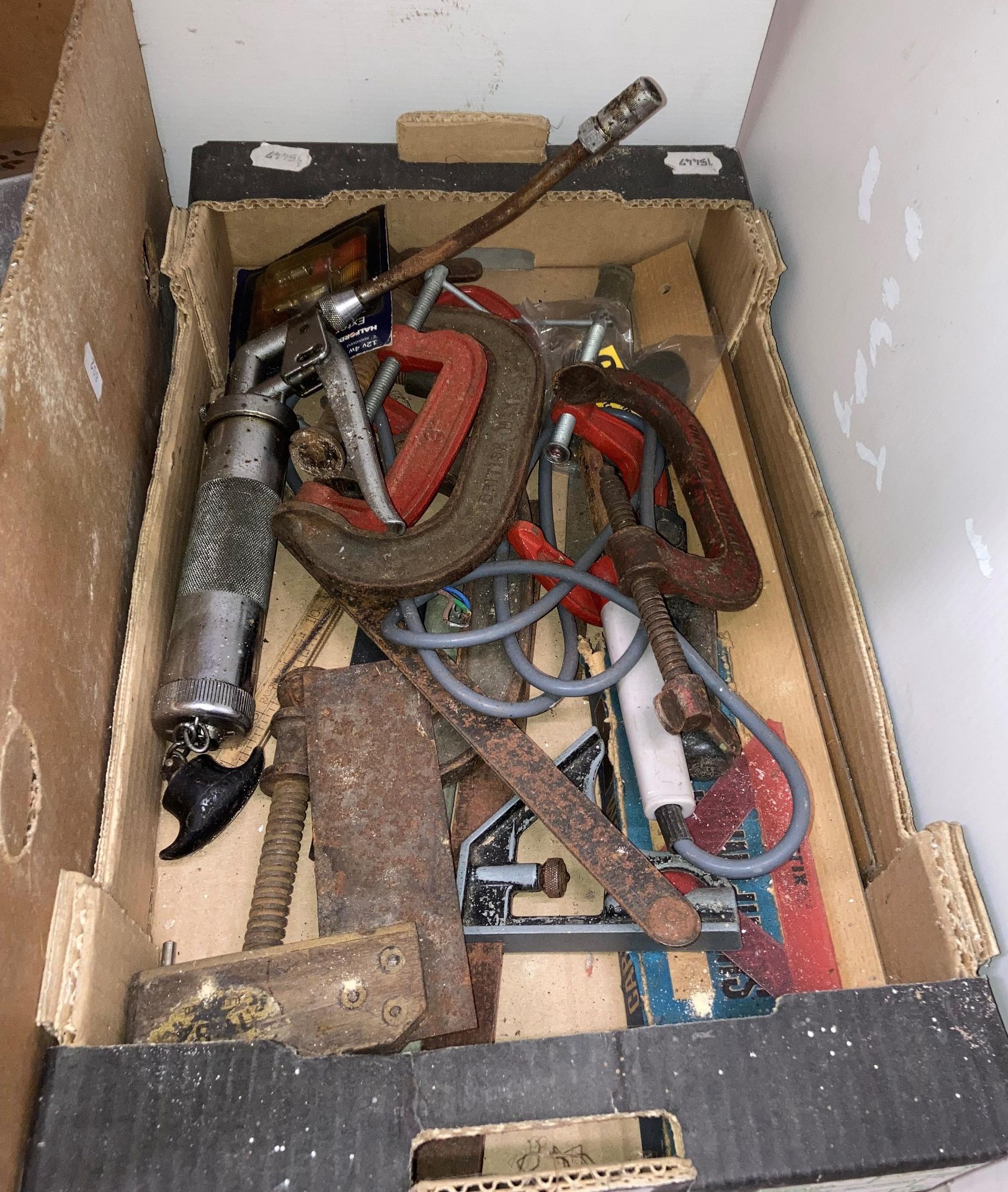 Contents to two boxes - assorted hand tools including G-clamps, grease gun, work light, - Image 2 of 3