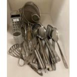 Large quantity of stainless steel ladles, sieves,