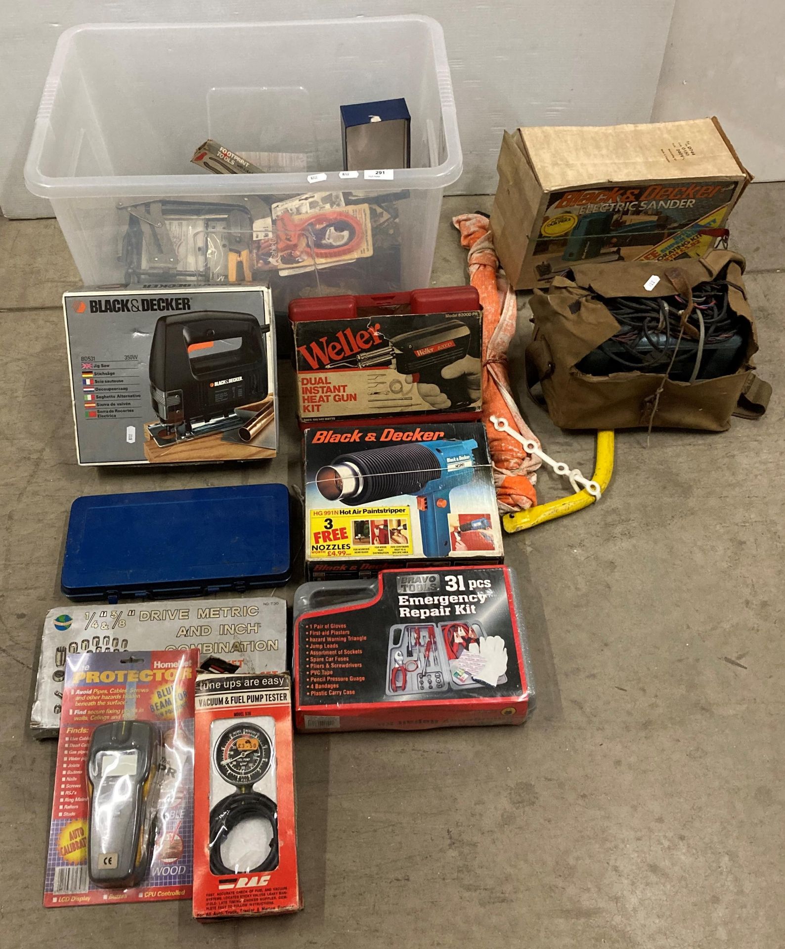 Contents to box - assorted hand tools including power-tools, jigsaw, sander, heat-gun,
