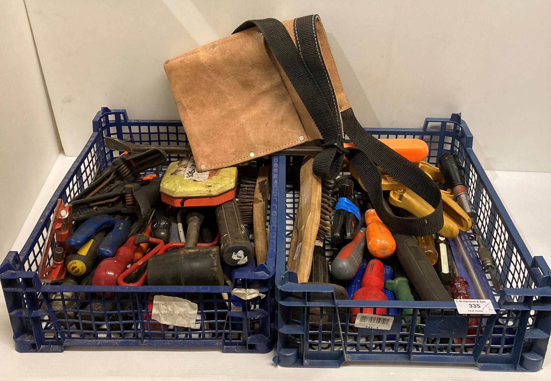 Contents to two crates - assorted hand tools including quick grip clamps.