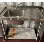 Stainless steel single sink unit with right hand drainer, mixer tap and under-shelf,