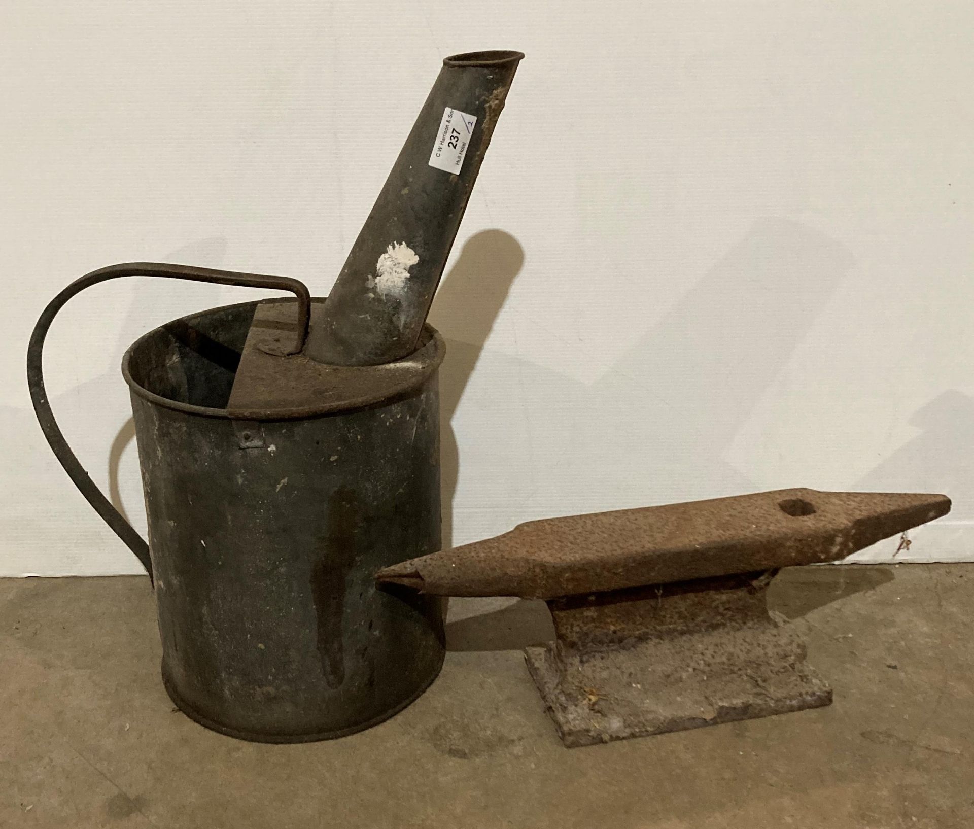 2 x vintage items - a double-ended anvil (43 x 14cm high) and a galvanised long-neck oil/fuel can