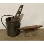 2 x vintage items - a double-ended anvil (43 x 14cm high) and a galvanised long-neck oil/fuel can