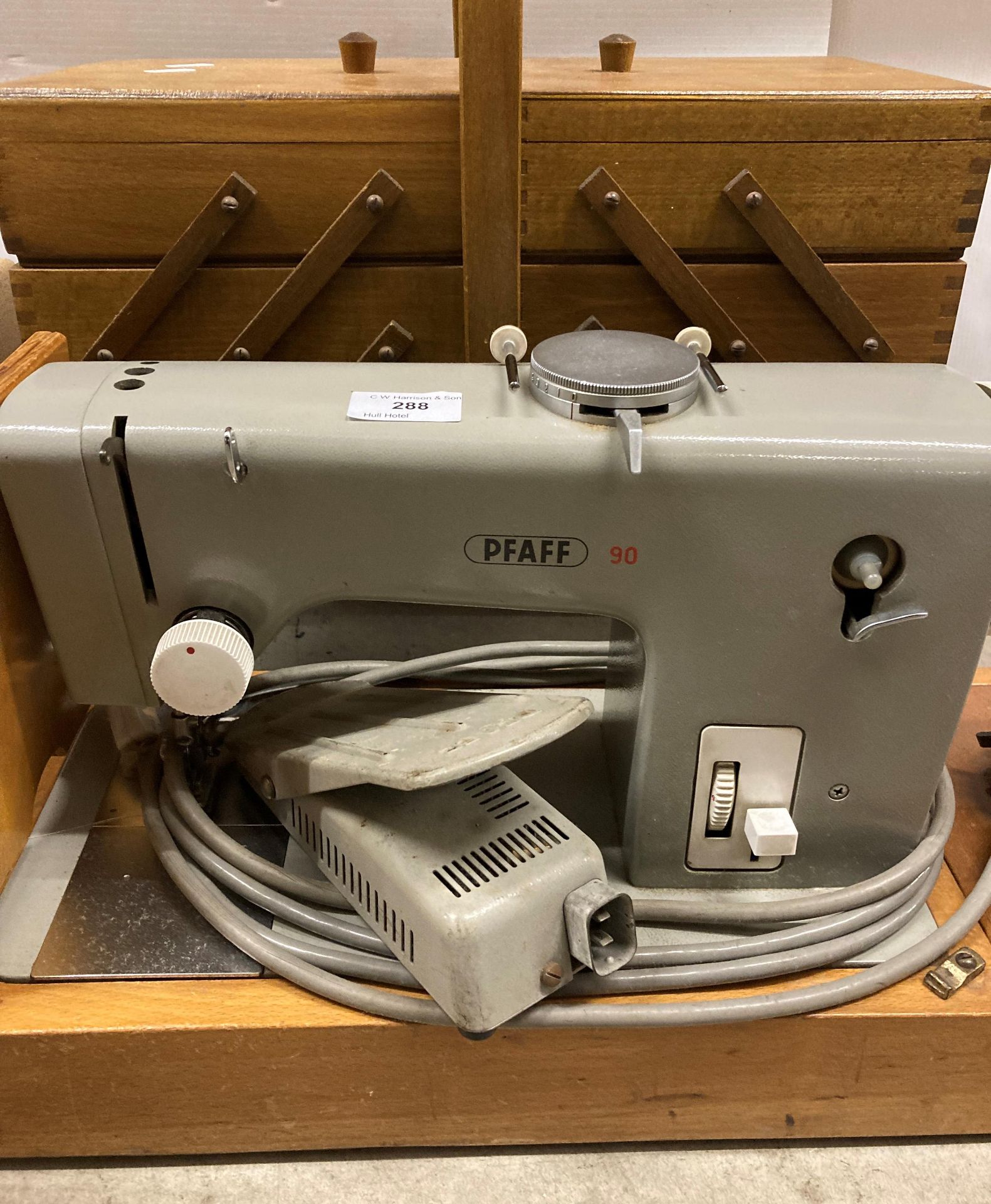 PFAFF 90 electric foot-operated sewing machine in carry case with a wooden multi-compartment sewing - Image 2 of 3