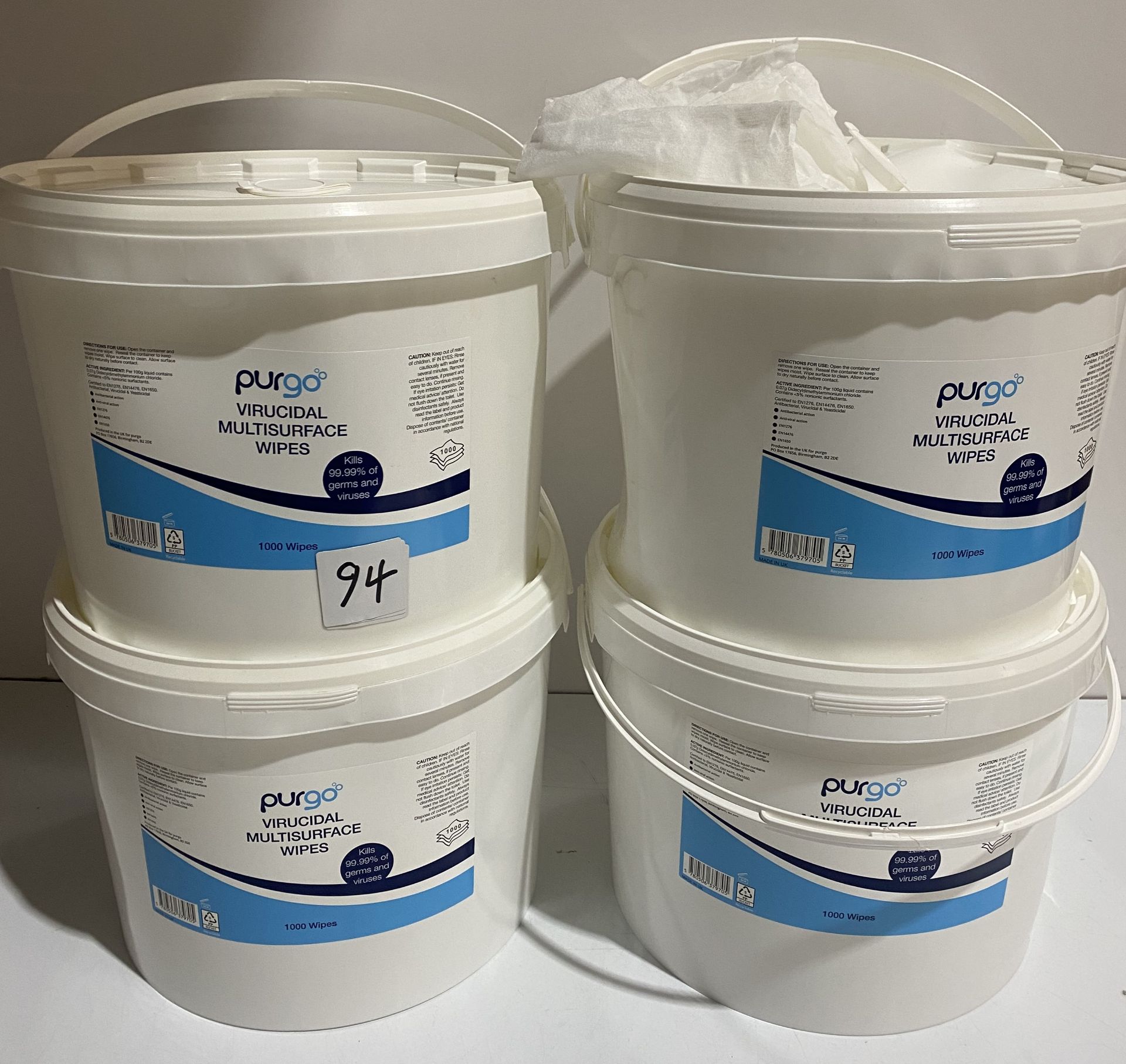 8 tubs of 1000 sheets each Purgo multi purpose wipes certified to EN12676 EN14476 EN1650