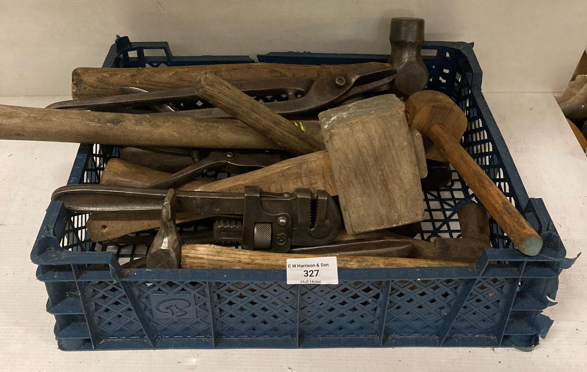 Contents to crate - assorted hand tools including hammers, snips, No 10 wrench,