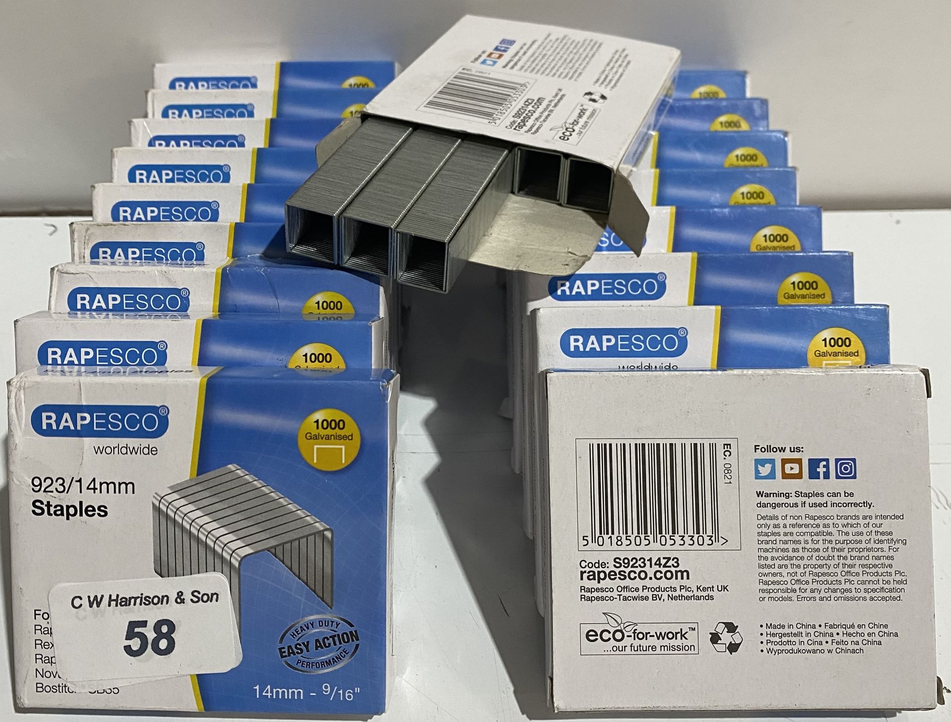 18 packs of 1000 Rapesco galvanised 923/14mm heavy duty staples