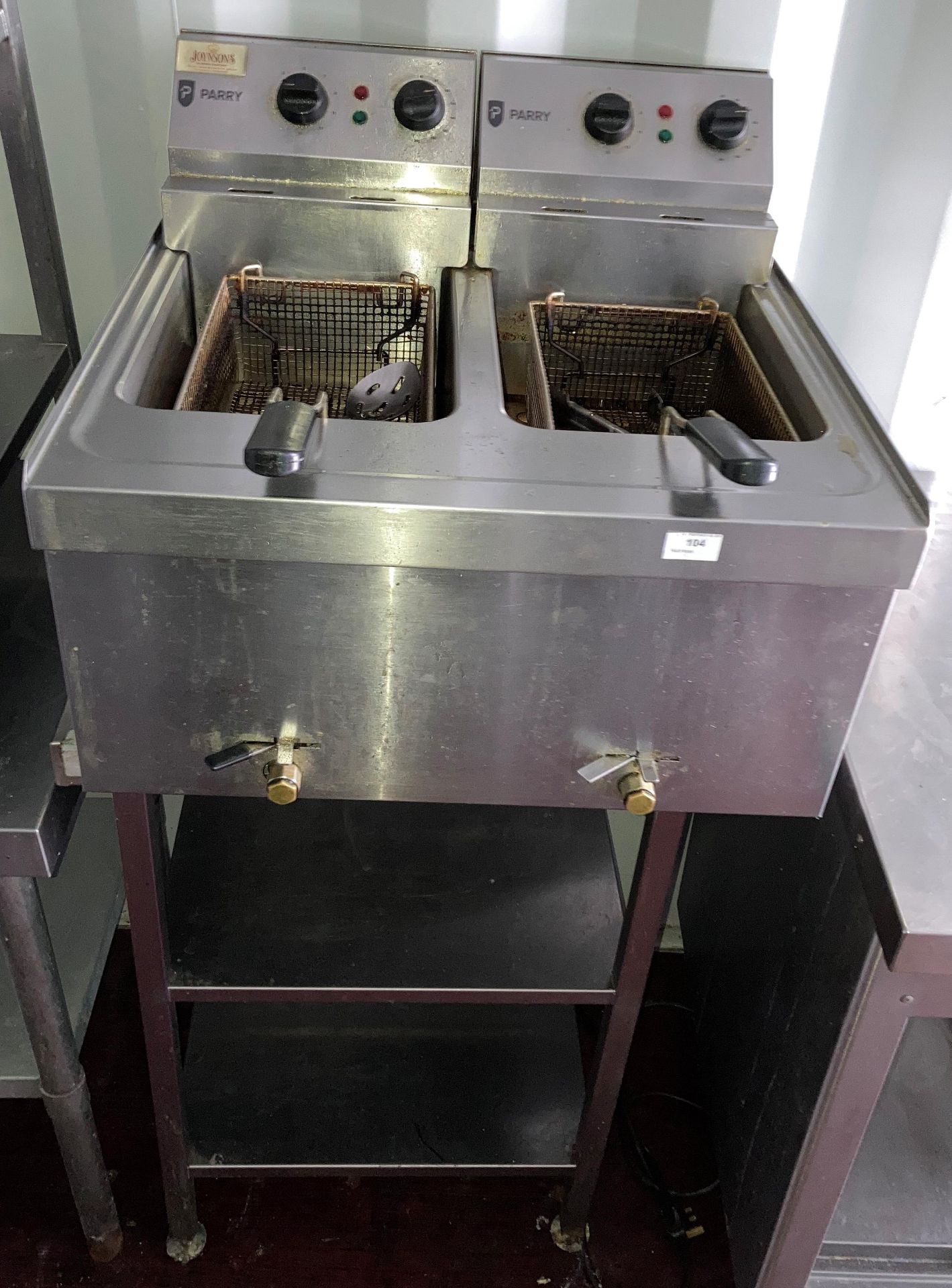 Parry twin vat electric fryer on 2-tier stainless steel stand,