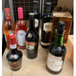 Seven items - a 70cl bottle of Harvey's Bristol Cream sherry in presentation box,