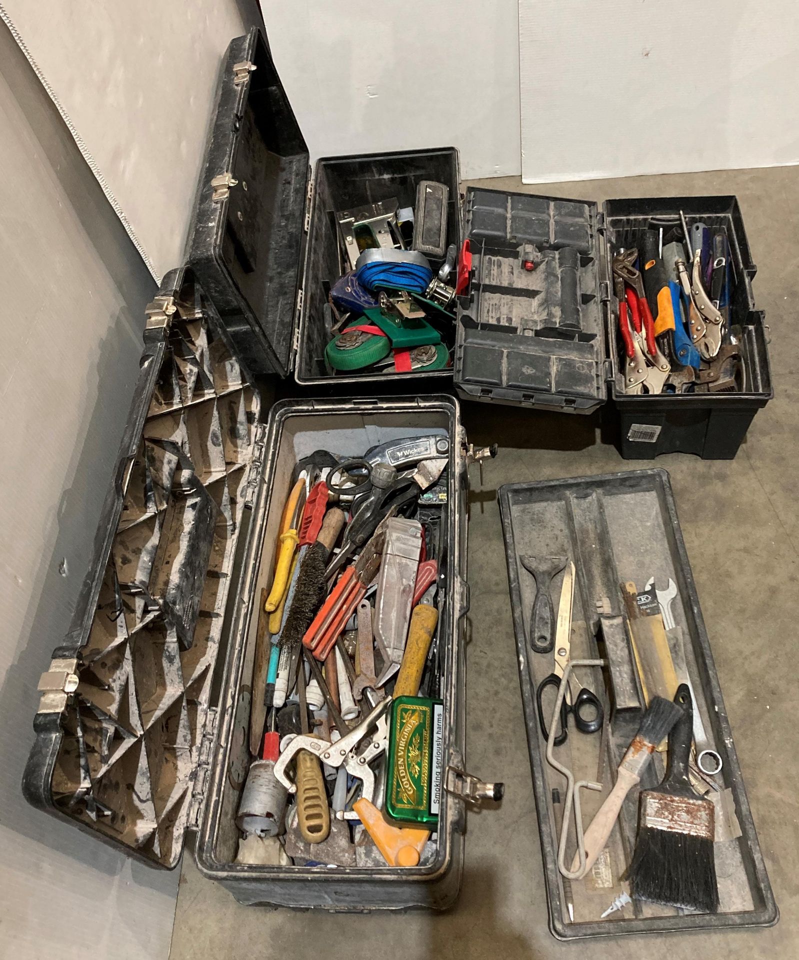 3 x assorted tool boxes and contents - assorted hand tools, spanners, screwdrivers, pliers,