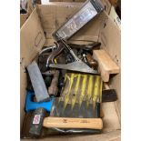 Contents to box - assorted hand tools including Record No 4½ plane, bit & brace, chisels, hammers,