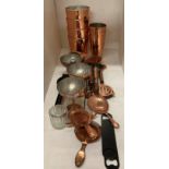 4 x bronzed pottery candle holders, sundry bronzed fruit squeezers, squeezy stirrers,