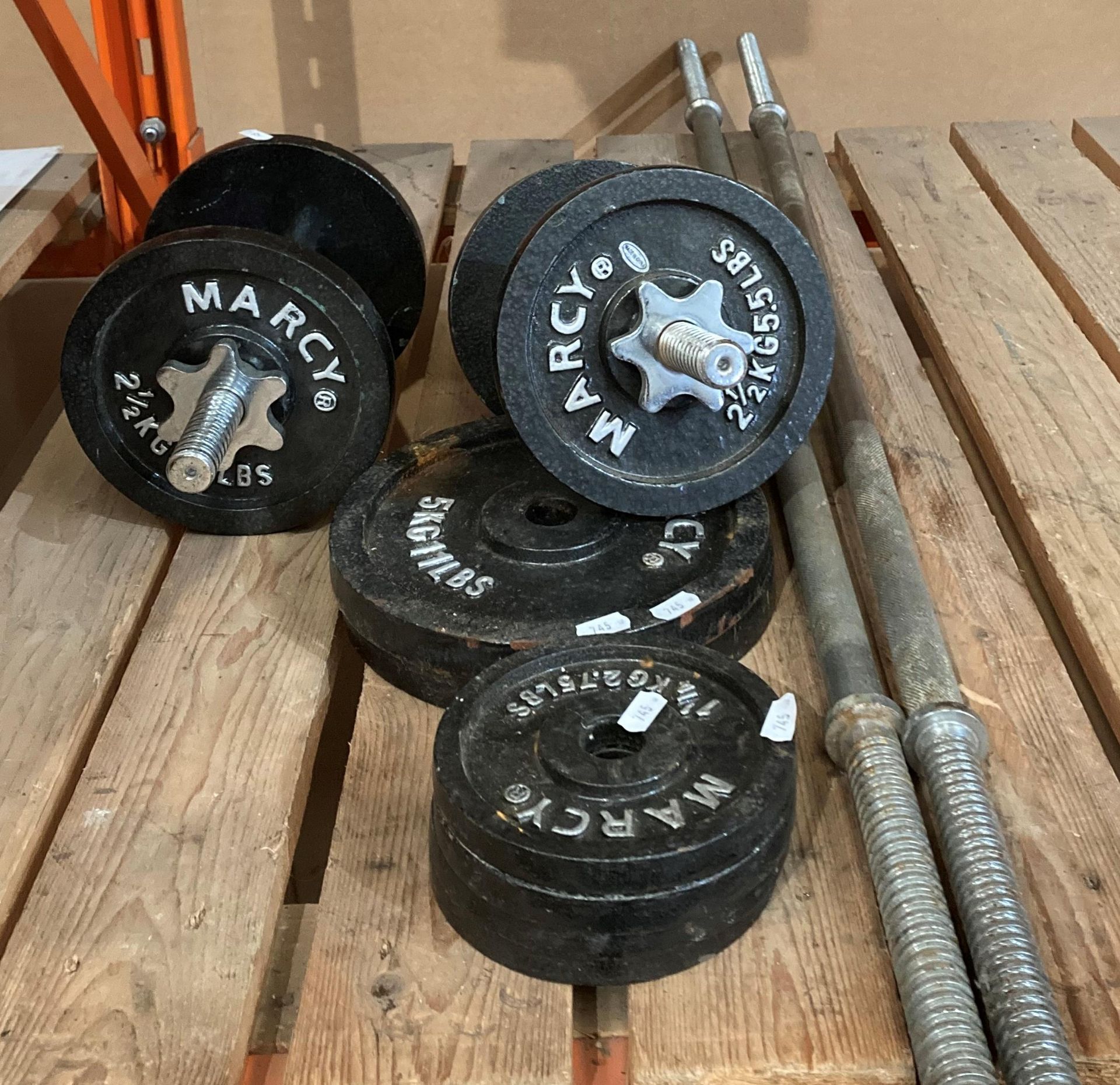 Set of metal weight lifting equipment including 2 x bars (missing locking nuts),
