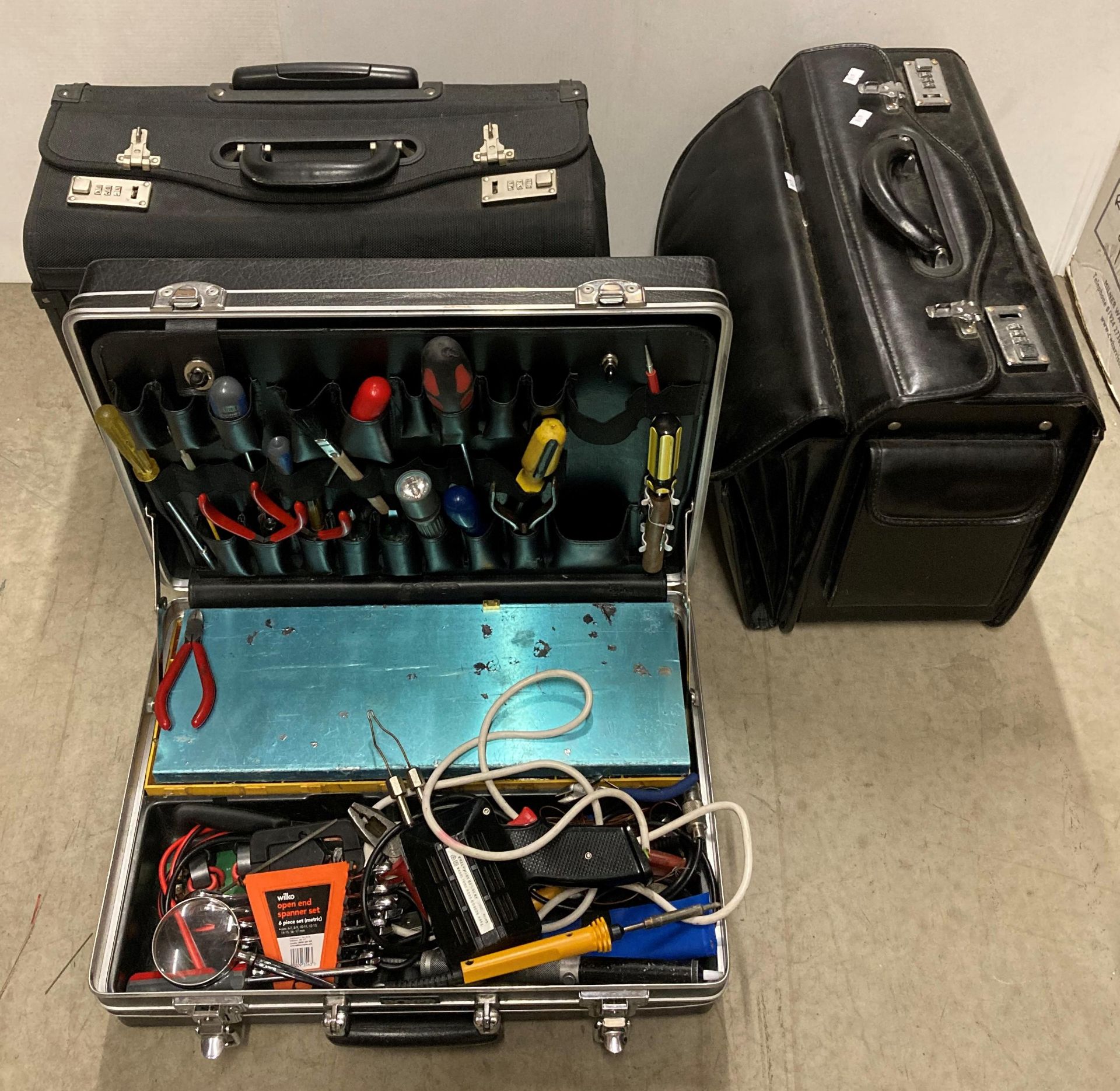 Boxer electrician engineers' case with assorted hand tools and two other black engineers' cases