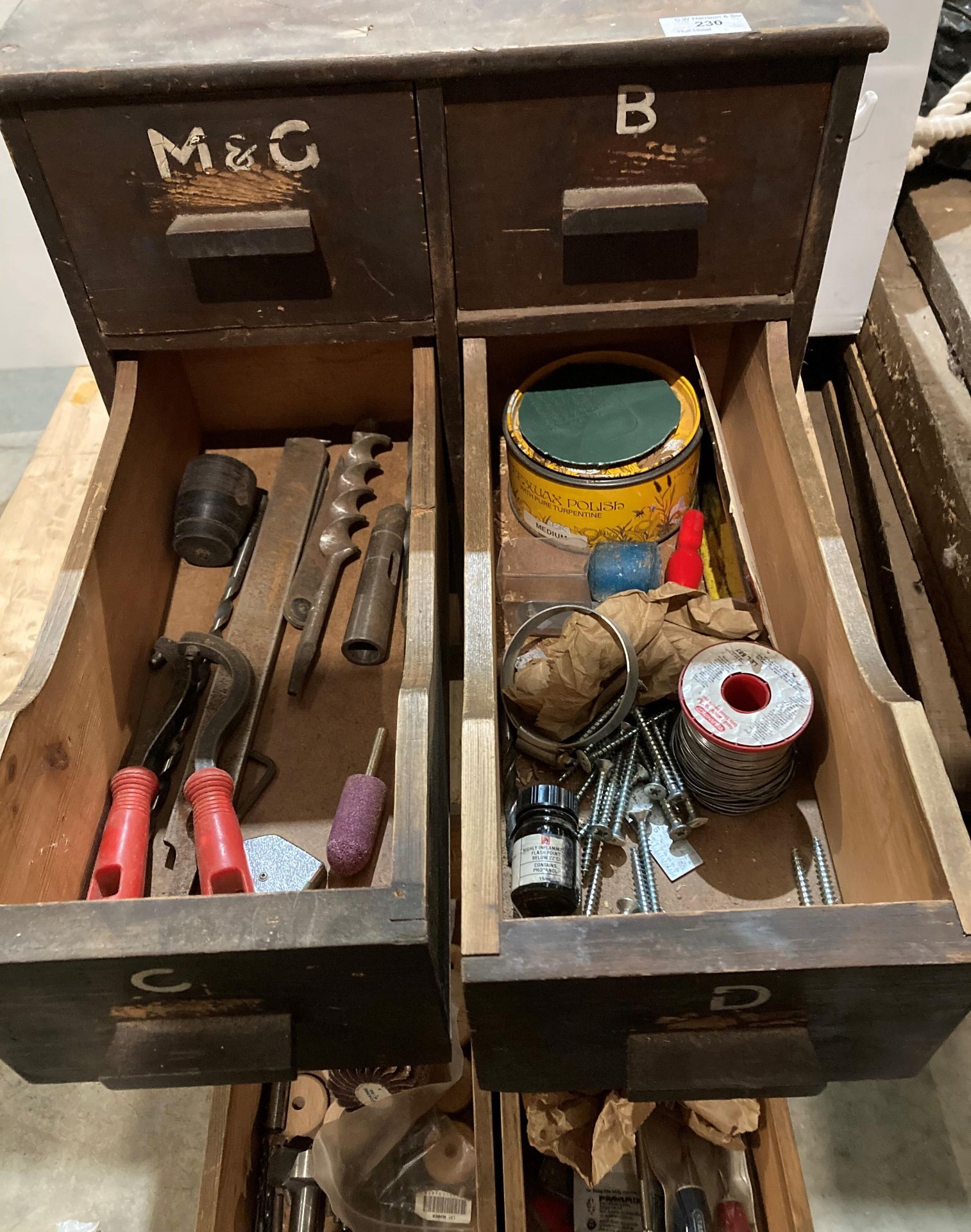 A vintage pine painted six drawer part cabinet (42 x 47 x 51cm) and assorted tools (saleroom - Image 3 of 4