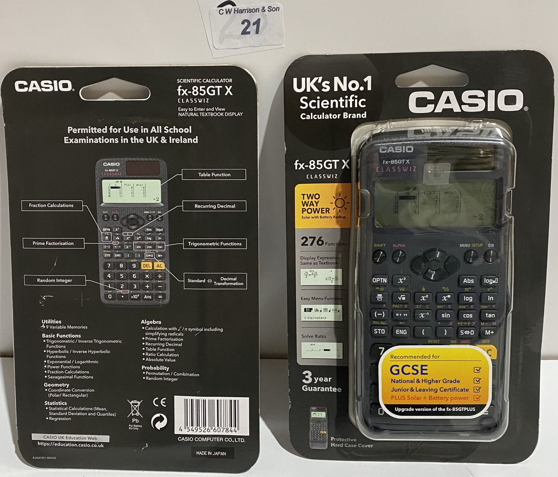 2 New Casio FX-85GTX two way power 276 functions GCSE and higher grade scientific calculators