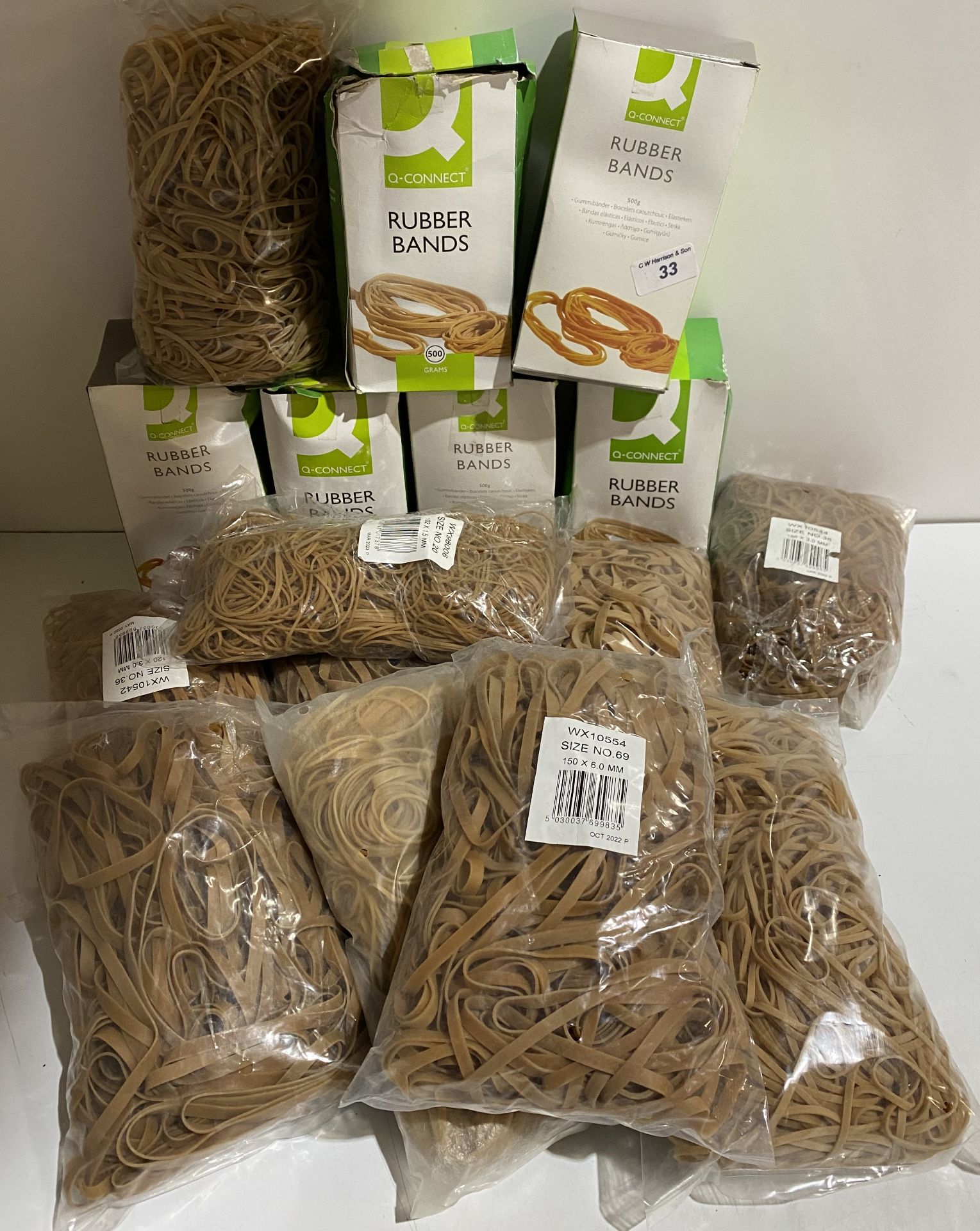 16 bags/boxes 500g each bag assorted sizes rubber bands