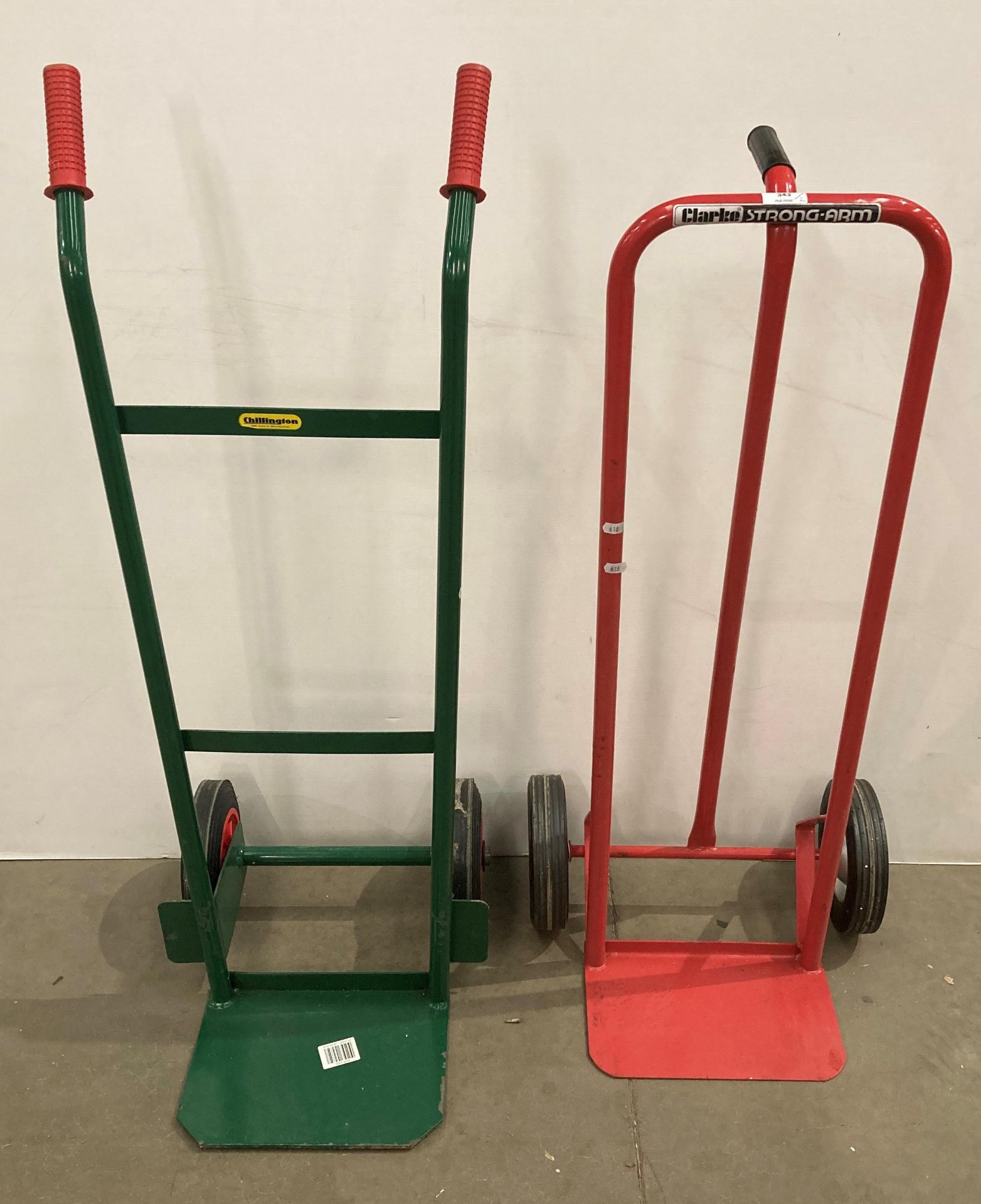 Clarke strong-arm red metal sack-cart and a Chillington green metal sack-cart (saleroom location: