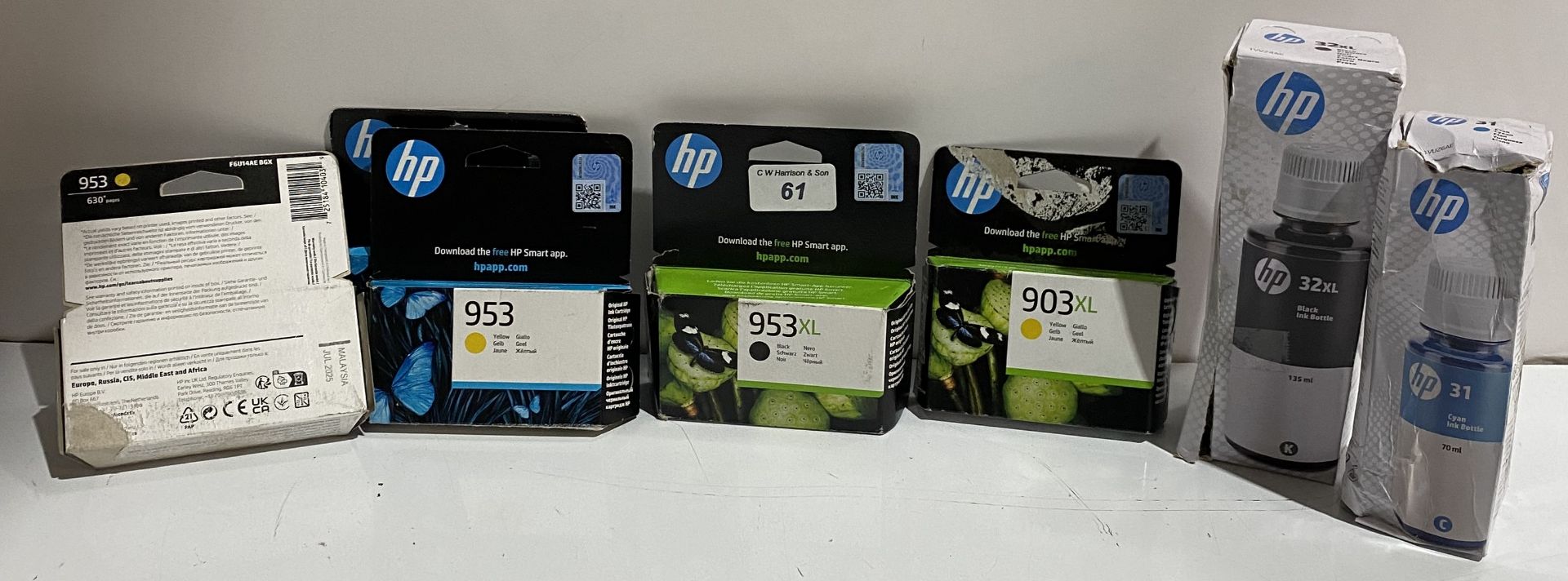 3 new (but tatty boxes) HP 953 yellow ink cartridge date July 2025,